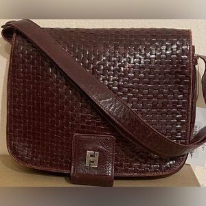 FENDI Woven Leather Shoulder Bag with Silver Logo - Deep Burgundy
